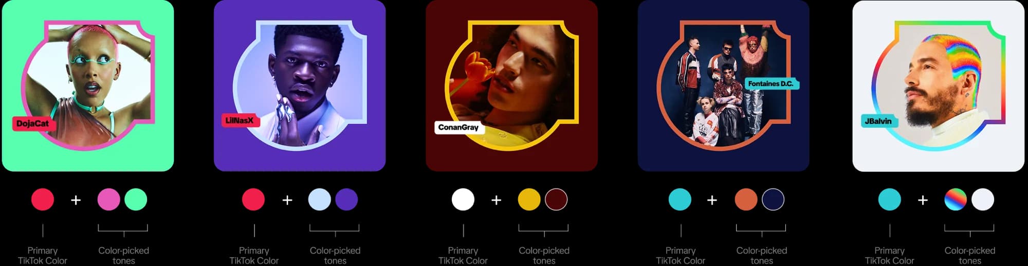 TikTok Music colour system specimen — five artist cards with primary and colour-picked tones