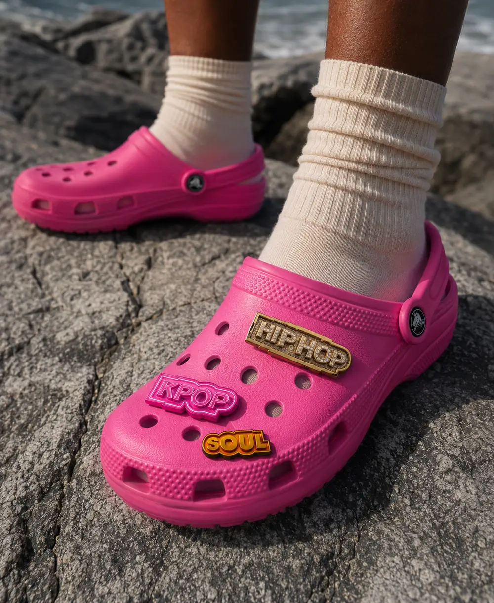 Pink Crocs with HIPHOP, KPOP and SOUL charms