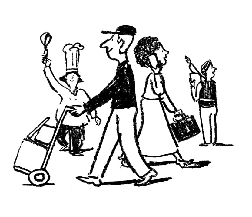 An ink line drawing of five workers walking, one pushing a trolley and one in a chef's hat