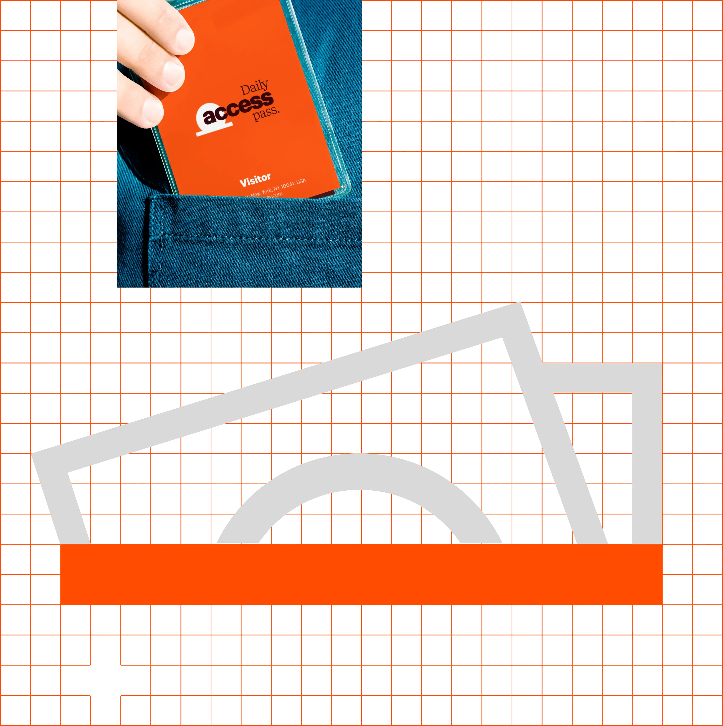 An orange construction grid with the arch mark, a banknote outline and a daily access pass