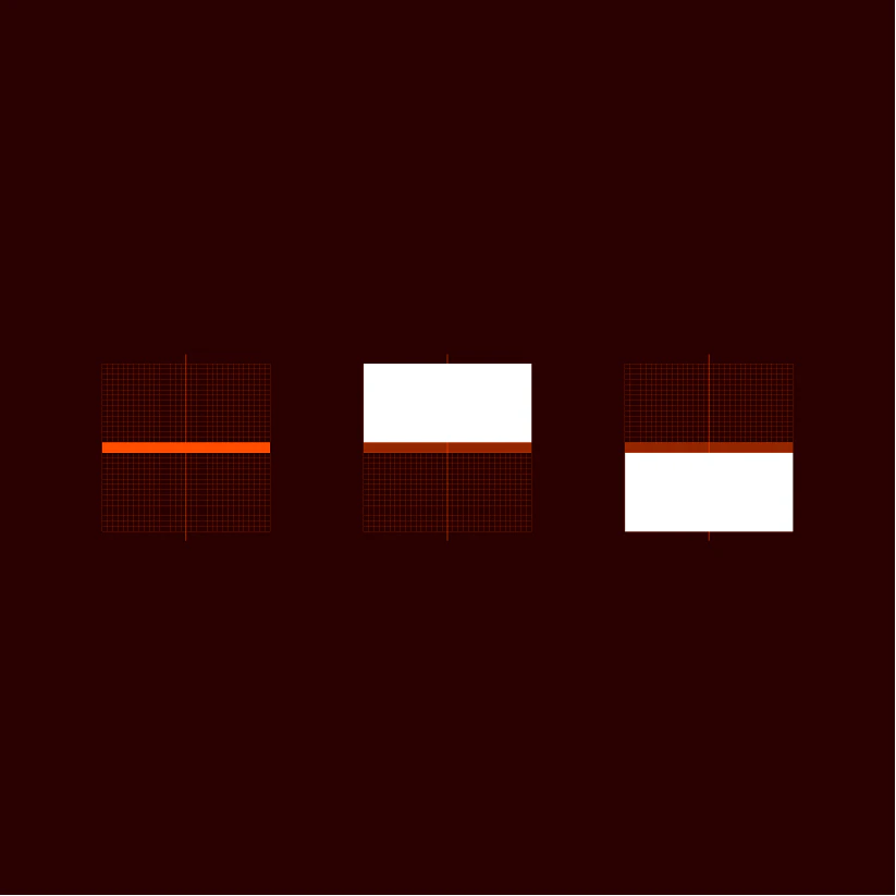Three construction squares on a dark maroon field showing the arch mark's grid