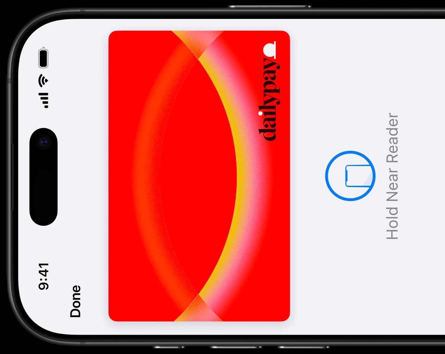 A phone screen showing the red dailypay card ready to tap